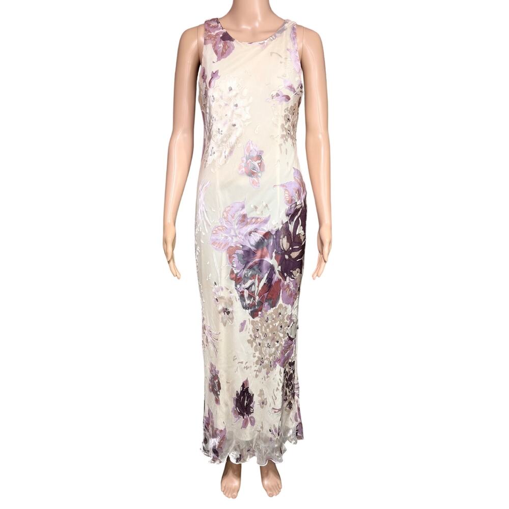 Vintage Jeffrey & Dara Womens Silk Blend Maxi Dress Floral Print Cream Purple
